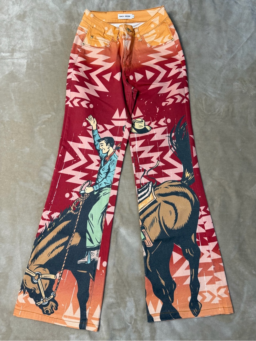 Ranch Dress’N Western Graphic Flared Pants Red Orange Cowboy Aztec Size 2